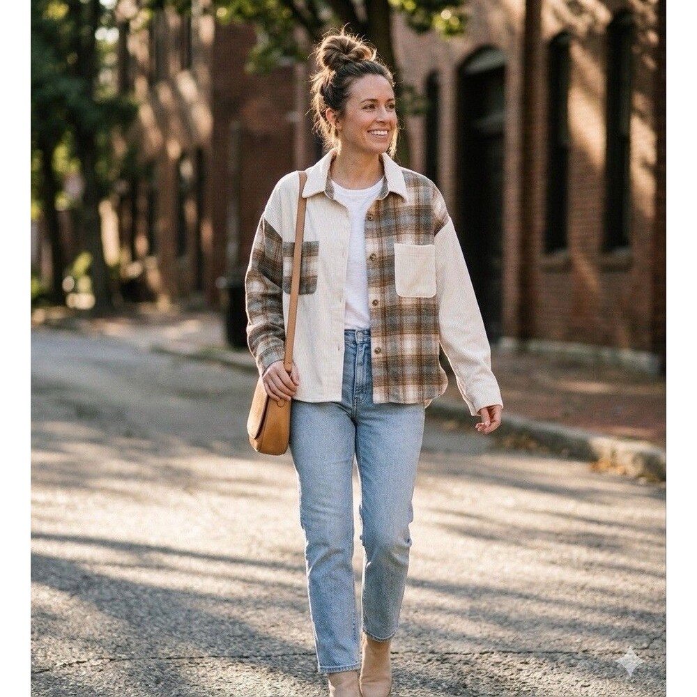 Blu Pepper Corduroy Shirt Womens Small Plaid Oversized Shacket Ivory Beige Fall